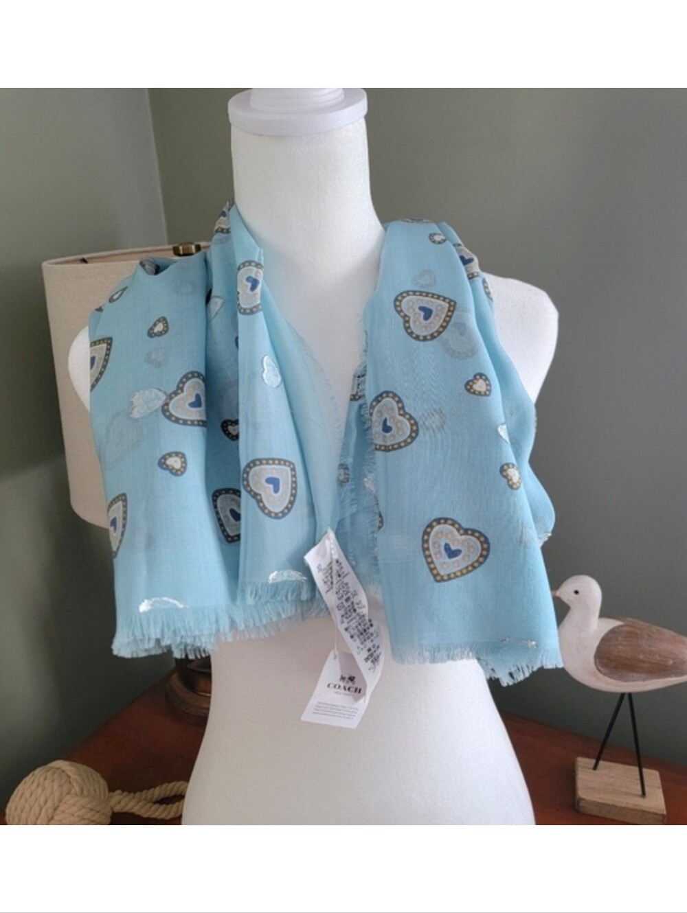 Coach 28777 Western Heart Oversized Square Blue Silk Blend Scarf NWT